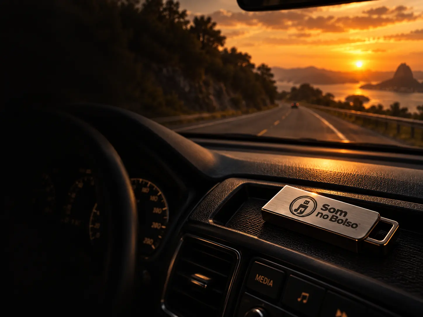 Pendrive Som no Bolso no painel do carro ao entardecer